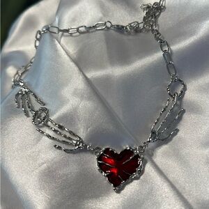 Heart Enamel Silver Skeleton Hand Necklace with Red Heart Pendant